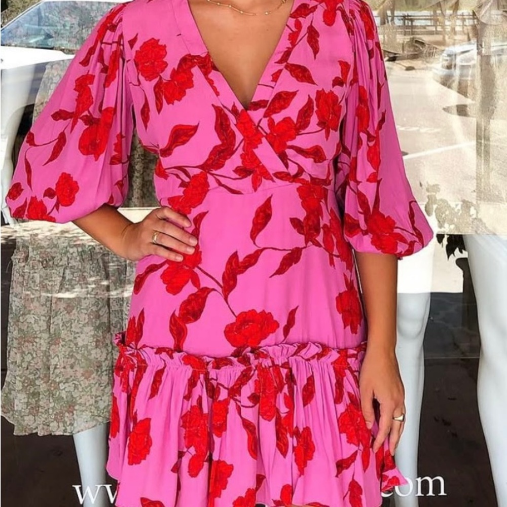 Karlie Pink and Red V-Neck Sundress with Bishop Sleeves